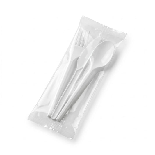 Kit couvert 3 en 1 en plastique blanc avec serviette (Lot de 1000)